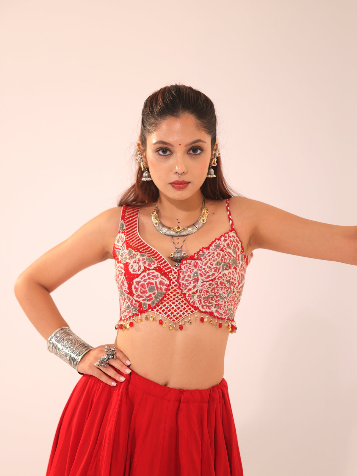 Red Floral Embroidered Cotton Chaniya Choli