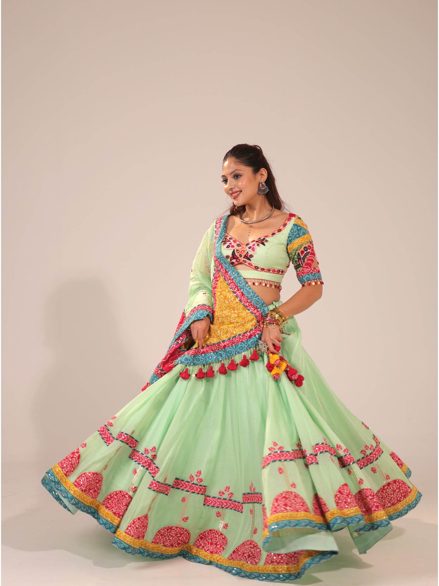 Mint Green Cotton Chaniya Choli with Multi-Color Patch Border