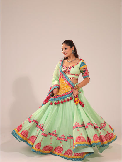 Mint Green Cotton Chaniya Choli with Multi-Color Patch Border