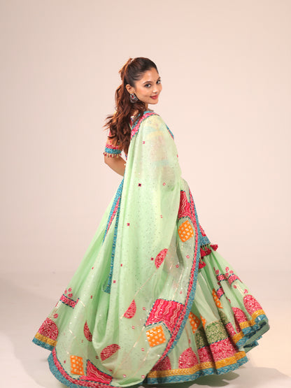 Mint Green Cotton Chaniya Choli with Multi-Color Patch Border