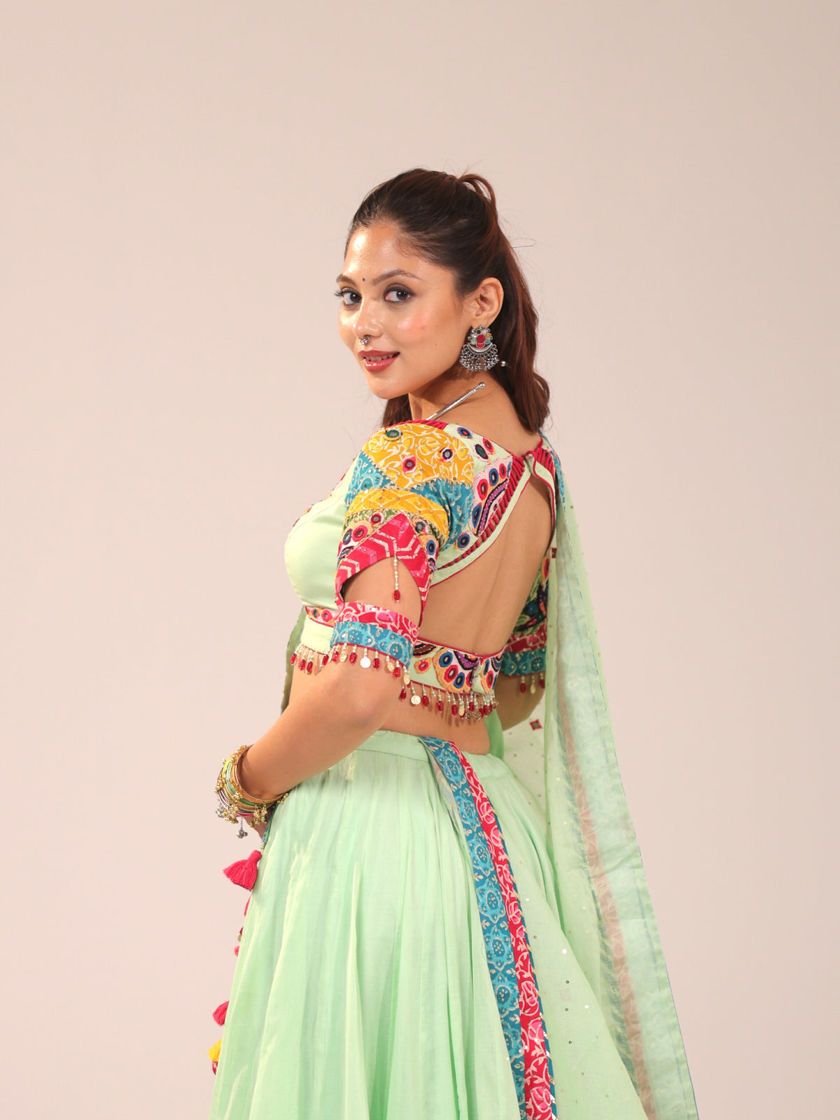 Mint Green Cotton Chaniya Choli with Multi-Color Patch Border