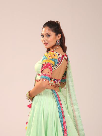 Mint Green Cotton Chaniya Choli with Multi-Color Patch Border