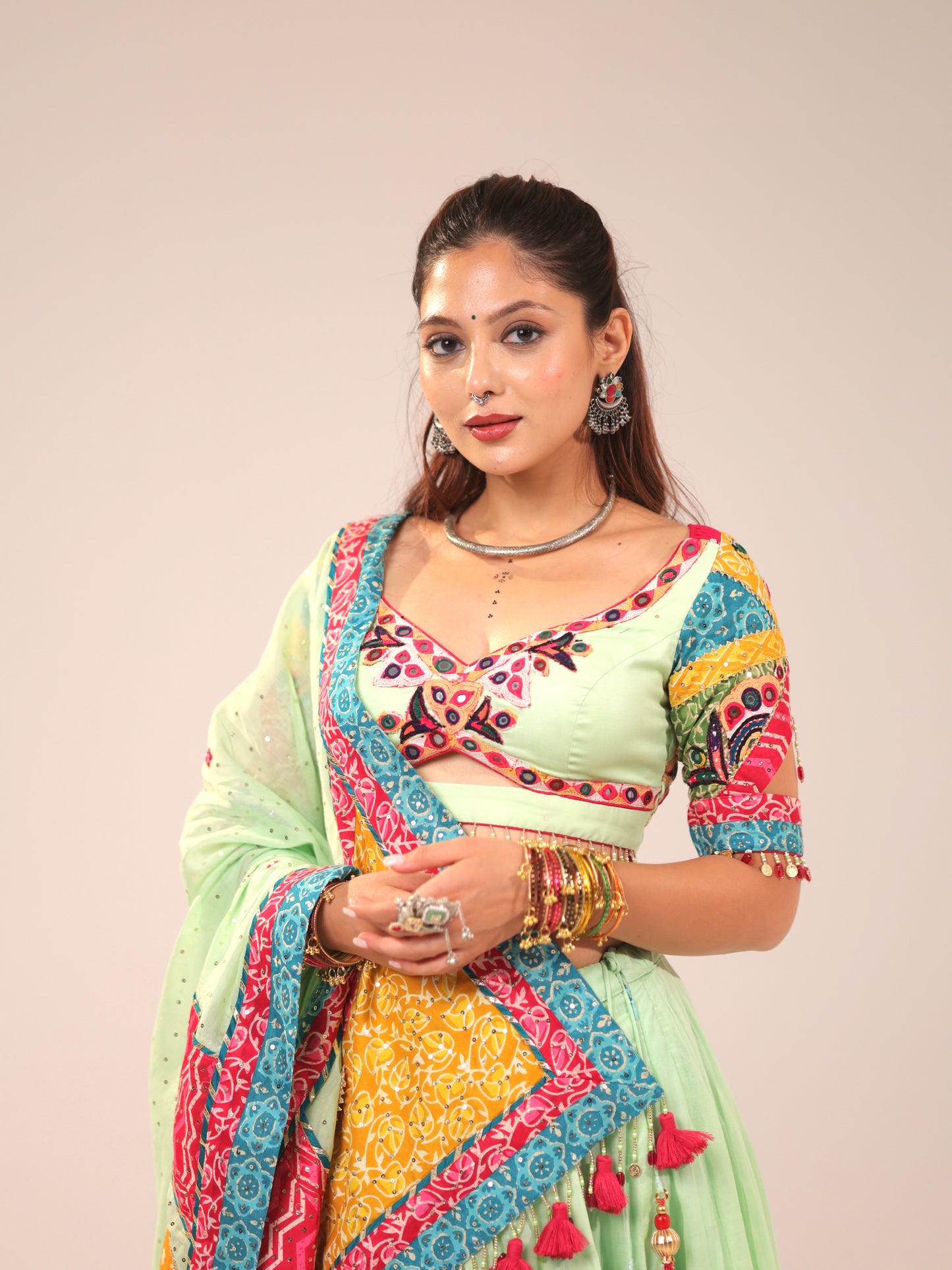 Mint Green Cotton Chaniya Choli with Multi-Color Patch Border