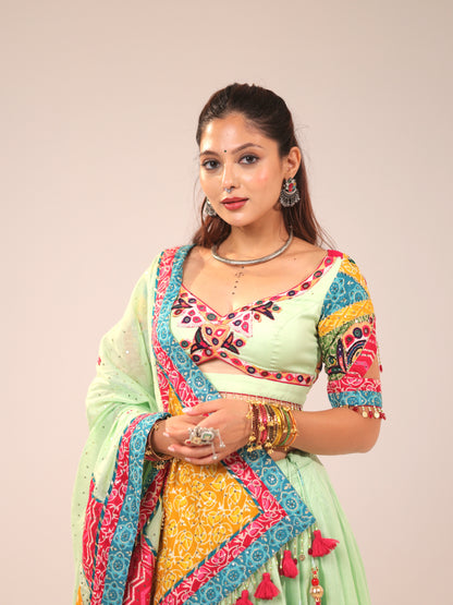Mint Green Cotton Chaniya Choli with Multi-Color Patch Border