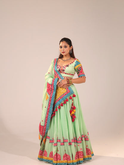 Mint Green Cotton Chaniya Choli with Multi-Color Patch Border