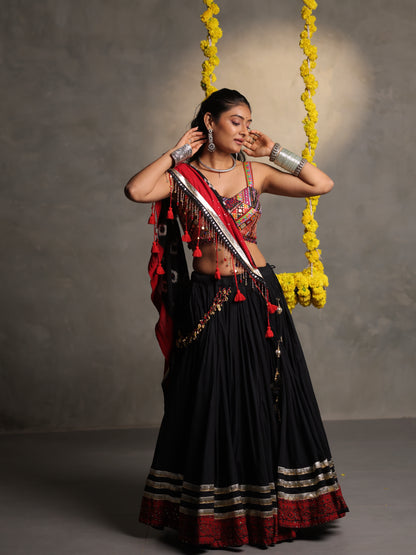 Black and Red Embroidered Cotton Chaniya Choli Set