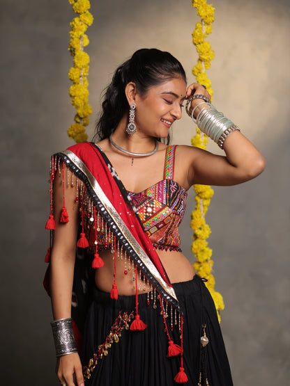 Black and Red Embroidered Cotton Chaniya Choli Set