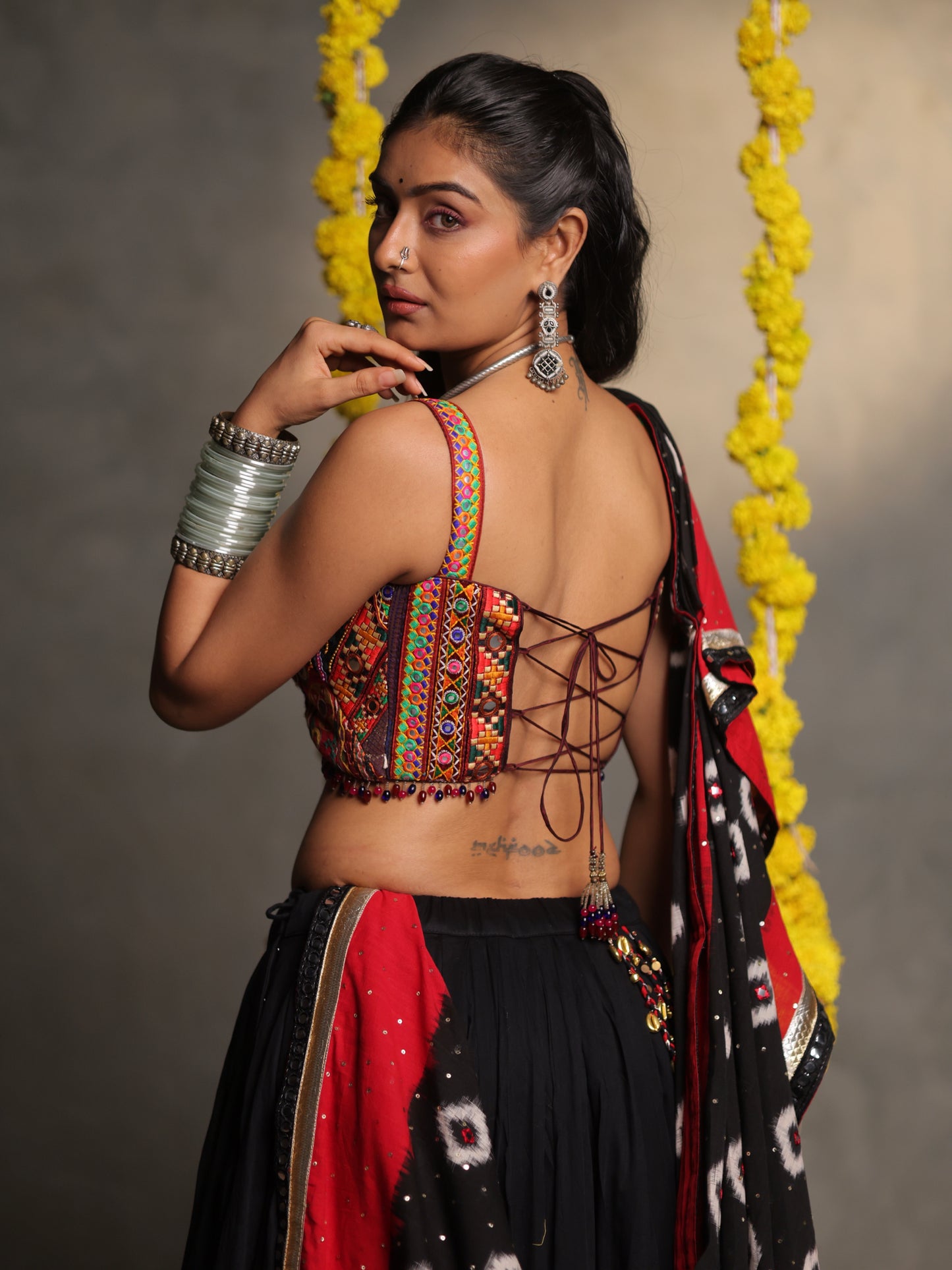 Black and Red Embroidered Cotton Chaniya Choli Set