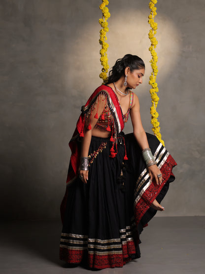Black and Red Embroidered Cotton Chaniya Choli Set