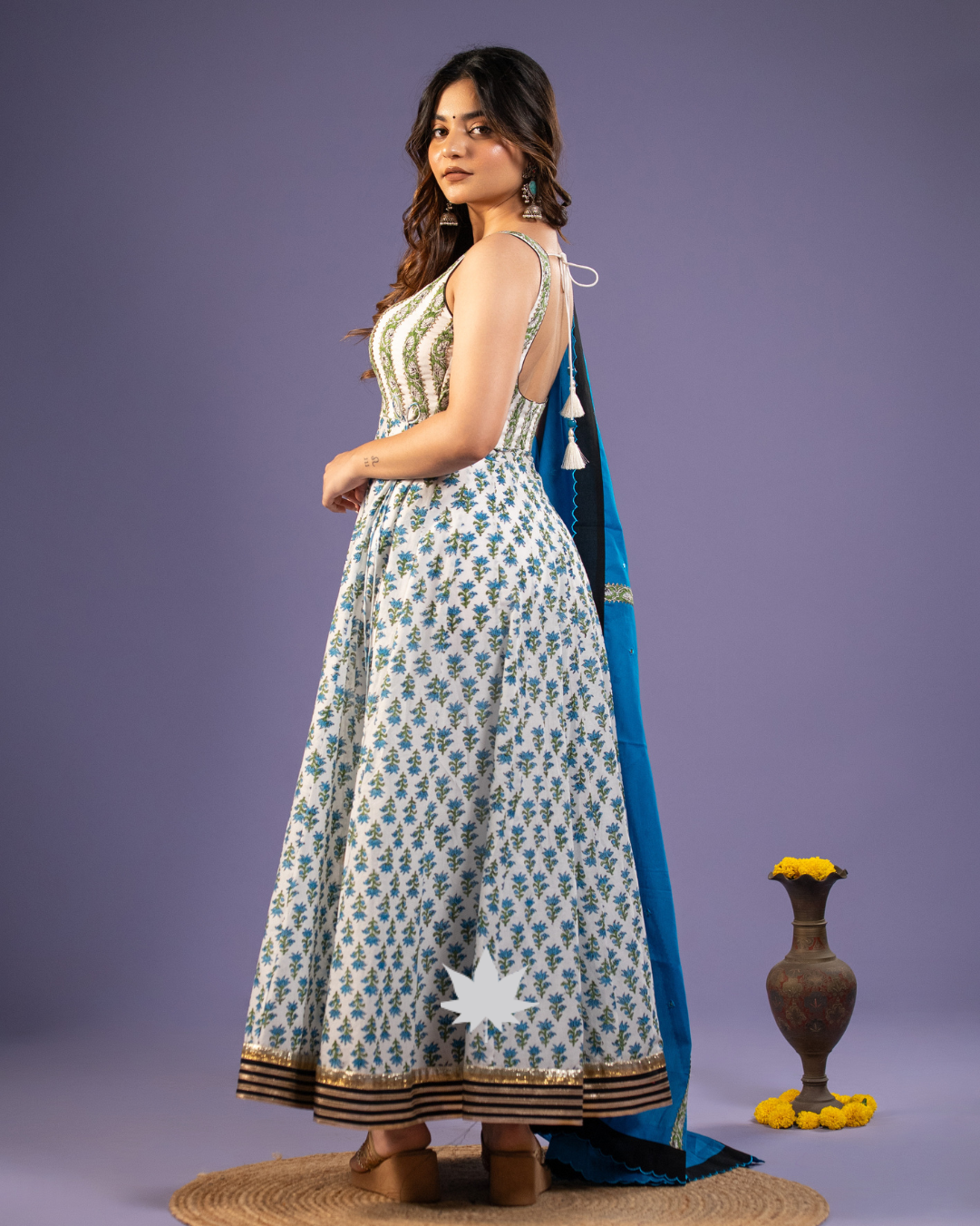 Ivory Floral Anarkali Set with Vibrant Blue Dupatta