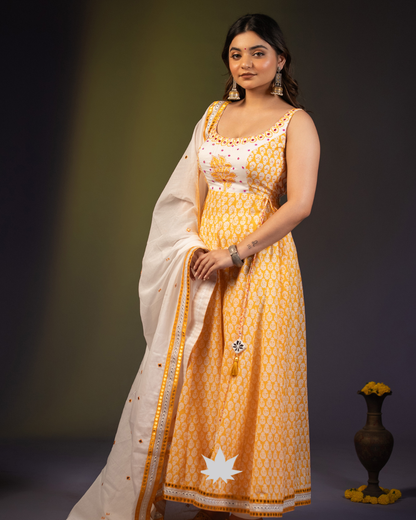 Mustard-Yellow floral Anarkali suit with ivory dupatta