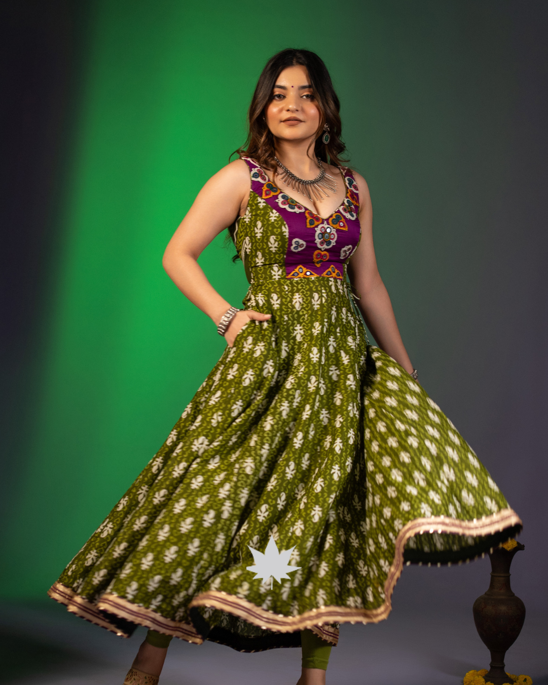Olive and Magenta sleeveless Anarkali Gown with Pockets