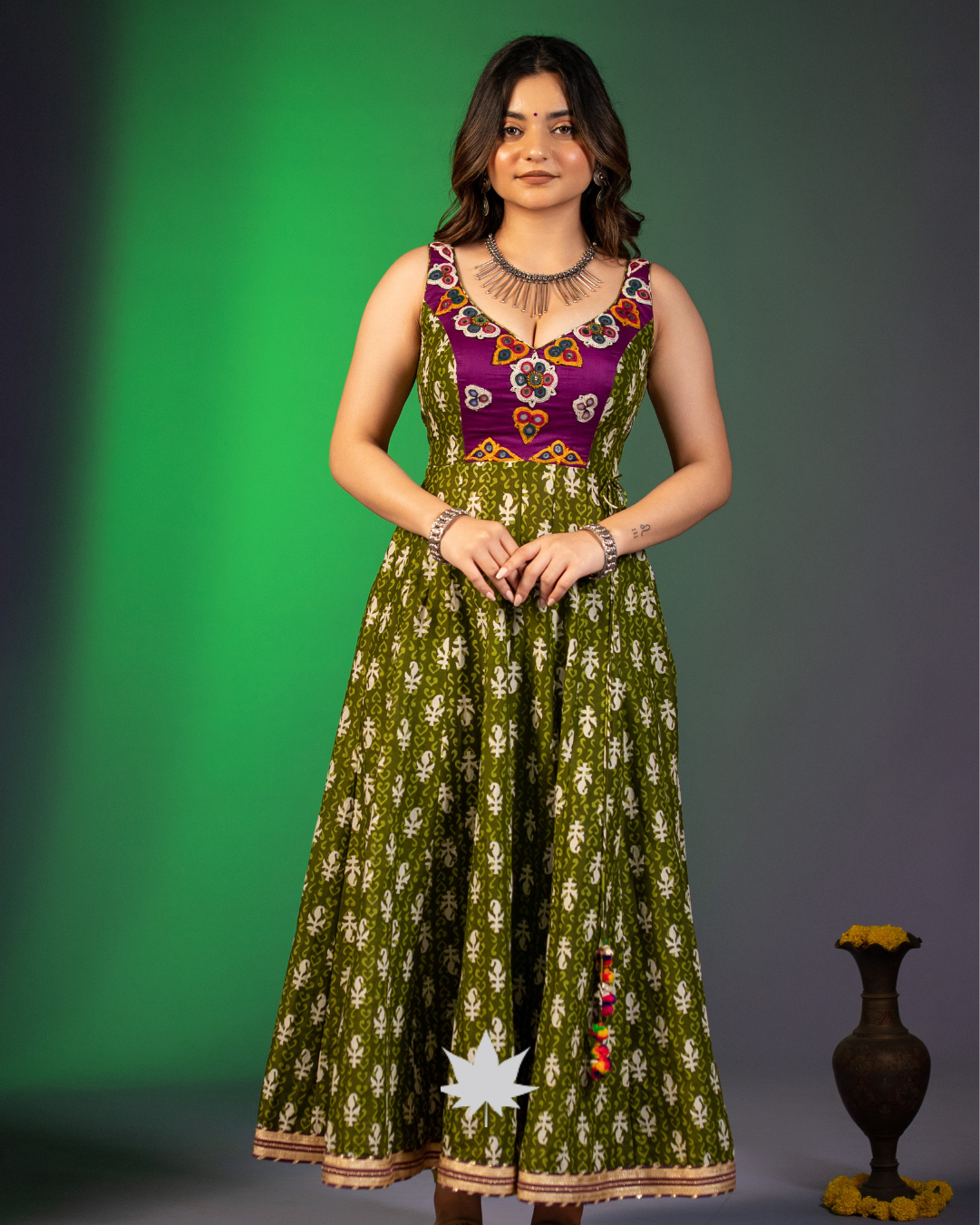 Olive and Magenta sleeveless Anarkali Gown with Pockets