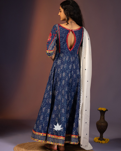 Navy Blue Floral Motif Anarkali Suit with Ivory Dupatta