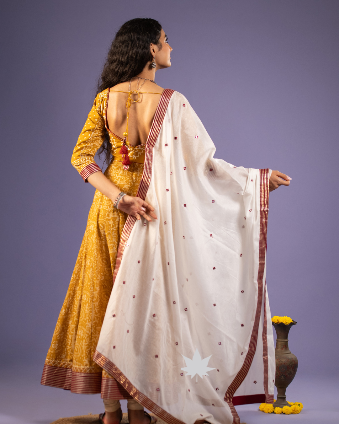 Mustard Traditional Bandhani Print Anarkali Set with Ivory Dupatta