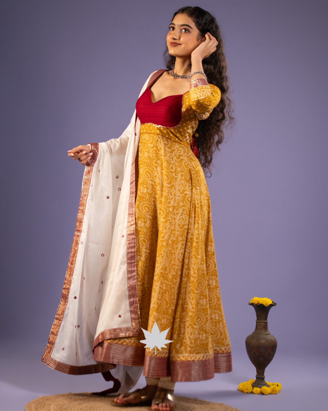 Mustard Traditional Bandhani Print Anarkali Set with Ivory Dupatta