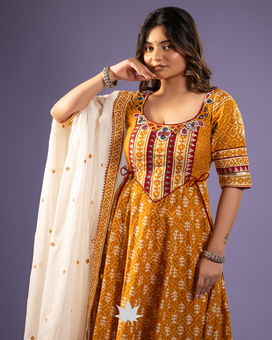 Mustard Elegance Traditional Printed Anarkali Set with Ivory Dupatta