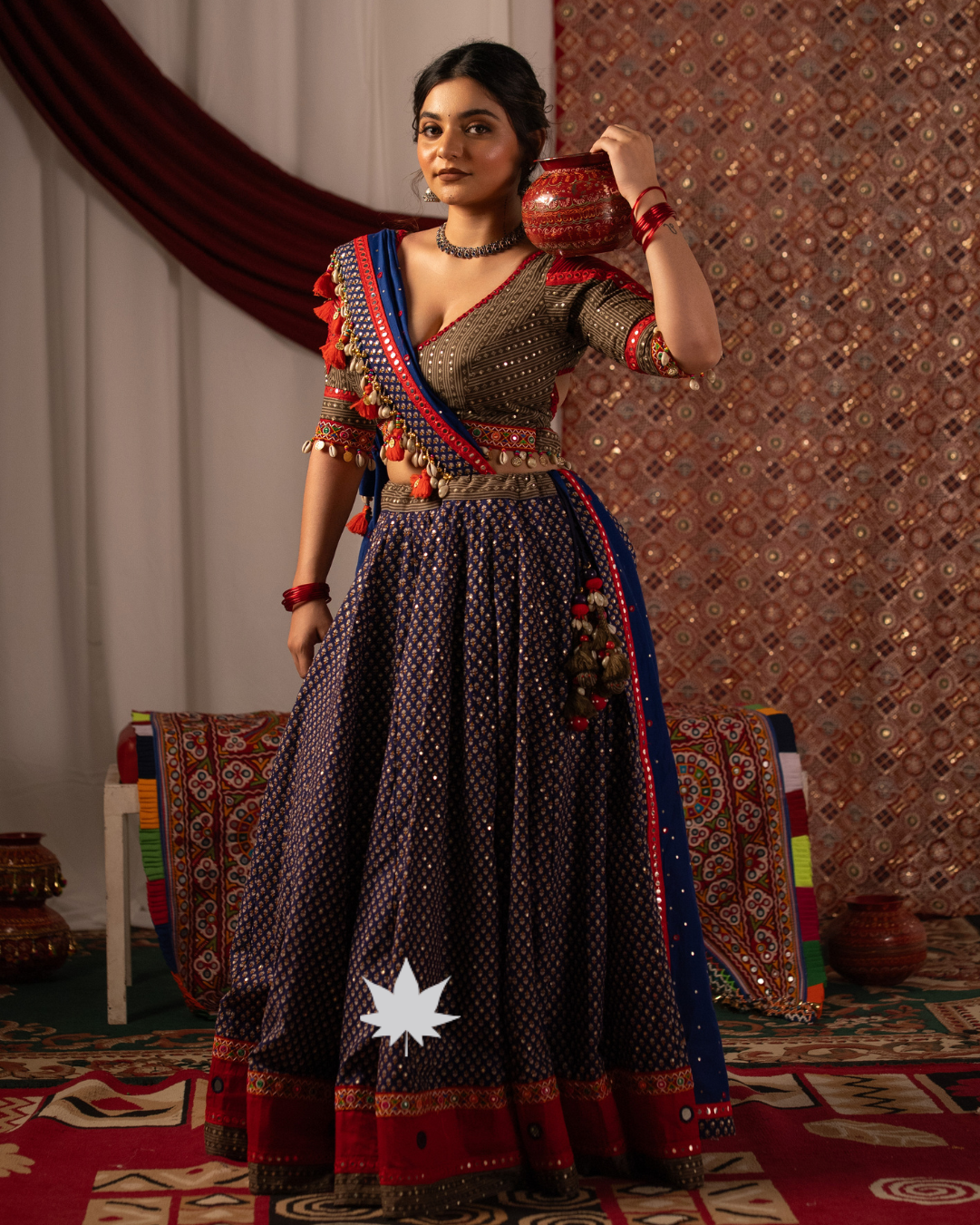 Blue and Olive Green Embroidered Chaniya Choli