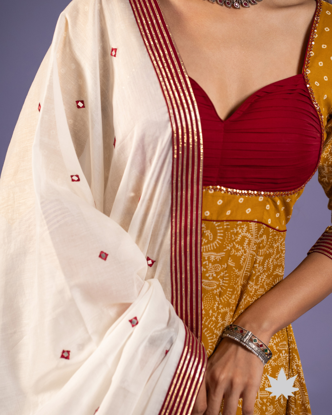 Mustard Traditional Bandhani Print Anarkali Set with Ivory Dupatta