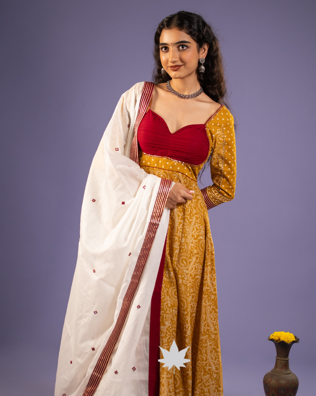 Mustard Traditional Bandhani Print Anarkali Set with Ivory Dupatta