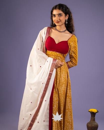 Mustard Traditional Bandhani Print Anarkali Set with Ivory Dupatta