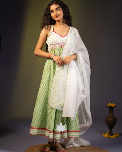 Pastel Green Floral Block-Print Anarkali Suit with Ivory Dupatta