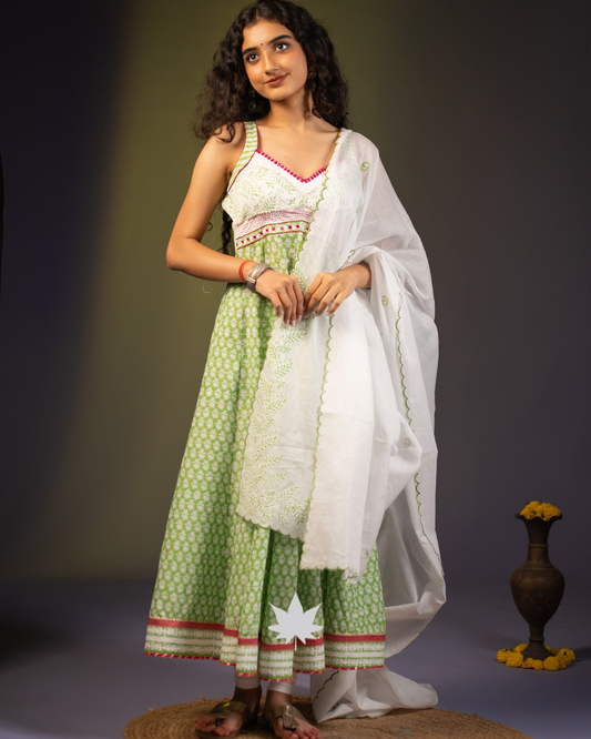 Pastel Green Floral Block-Print Anarkali Suit with Ivory Dupatta
