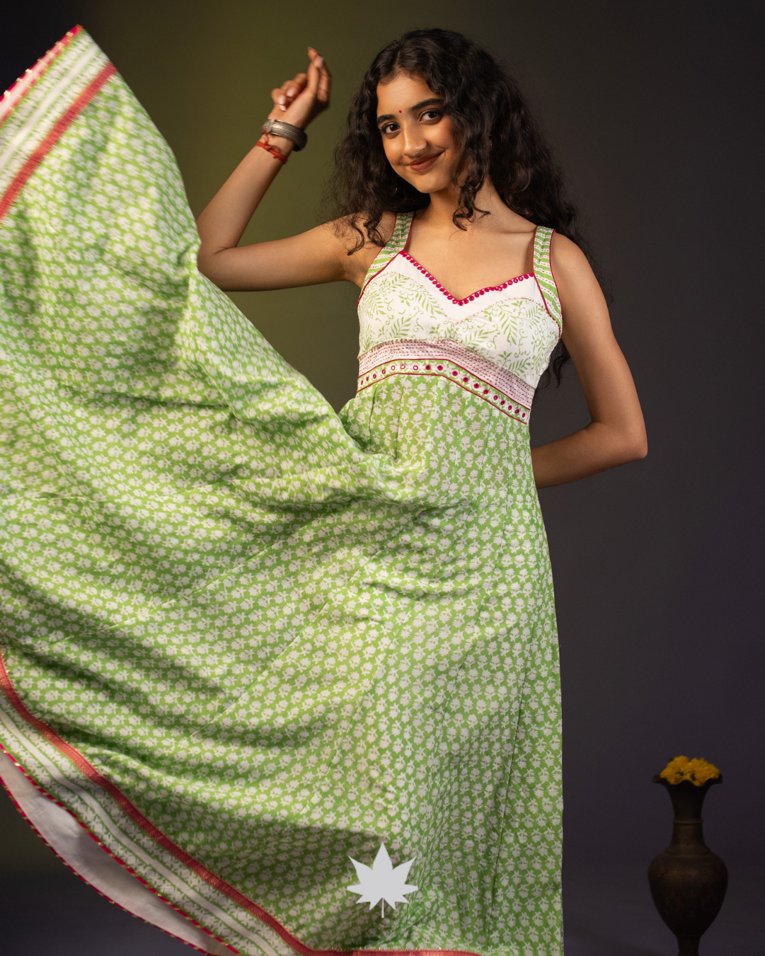 Pastel Green Floral Block-Print Anarkali Suit with Ivory Dupatta