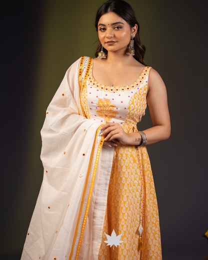 Mustard-Yellow floral Anarkali suit with ivory dupatta