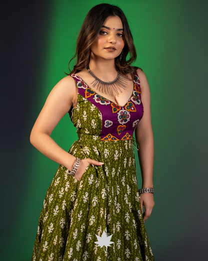 Olive and Magenta sleeveless Anarkali Gown with Pockets