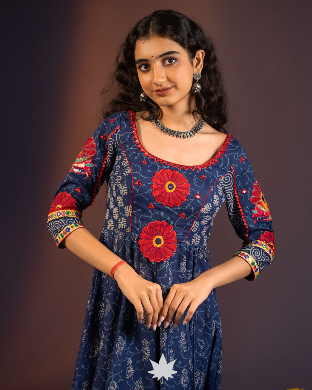 Navy Blue Floral Motif Anarkali Suit with Ivory Dupatta
