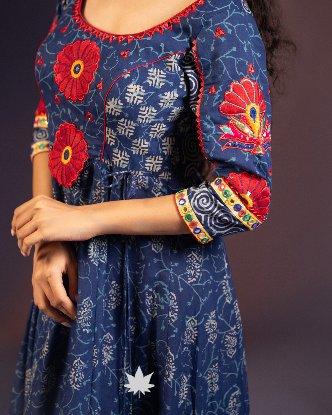 Navy Blue Floral Motif Anarkali Suit with Ivory Dupatta