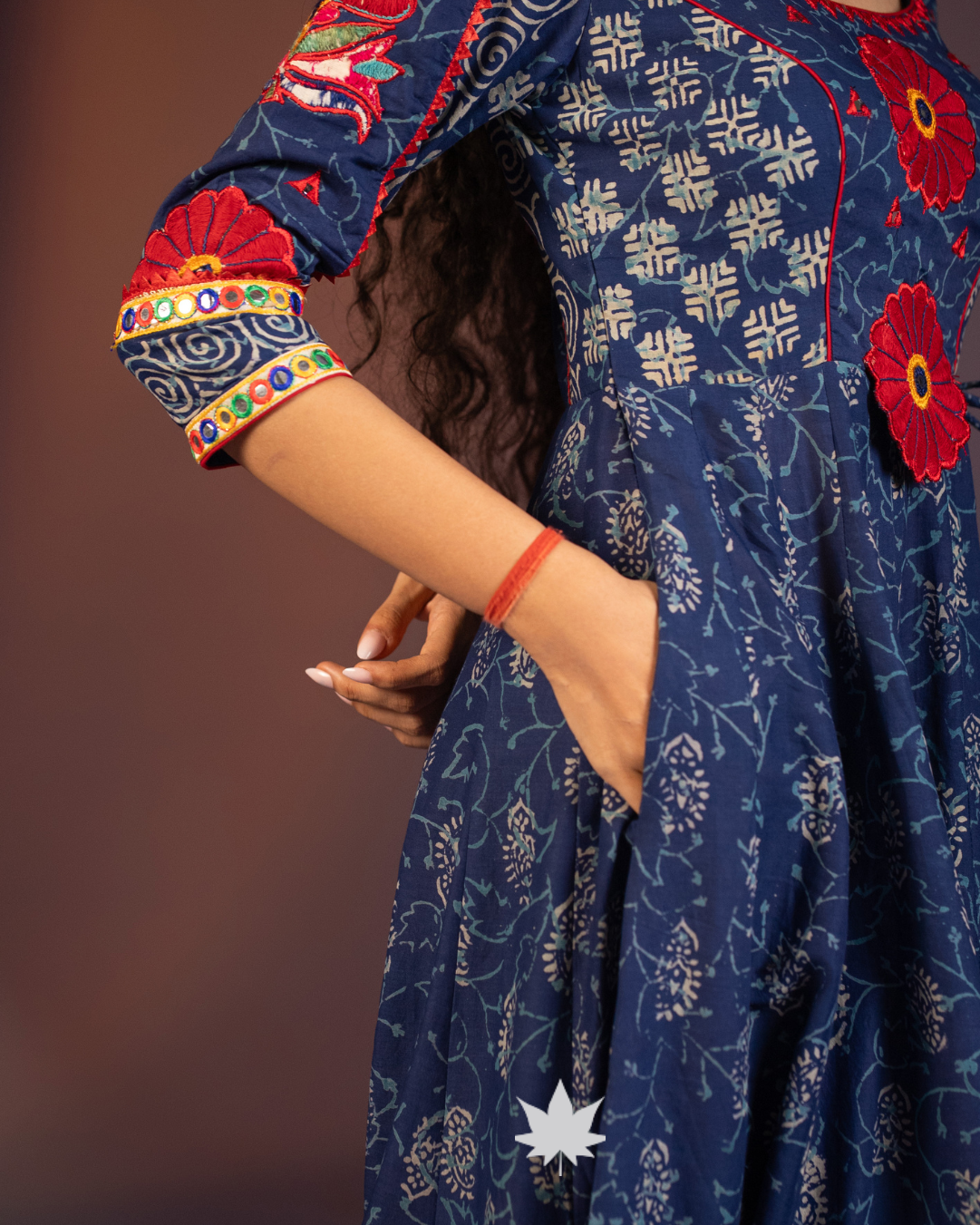 Navy Blue Floral Motif Anarkali Suit with Ivory Dupatta