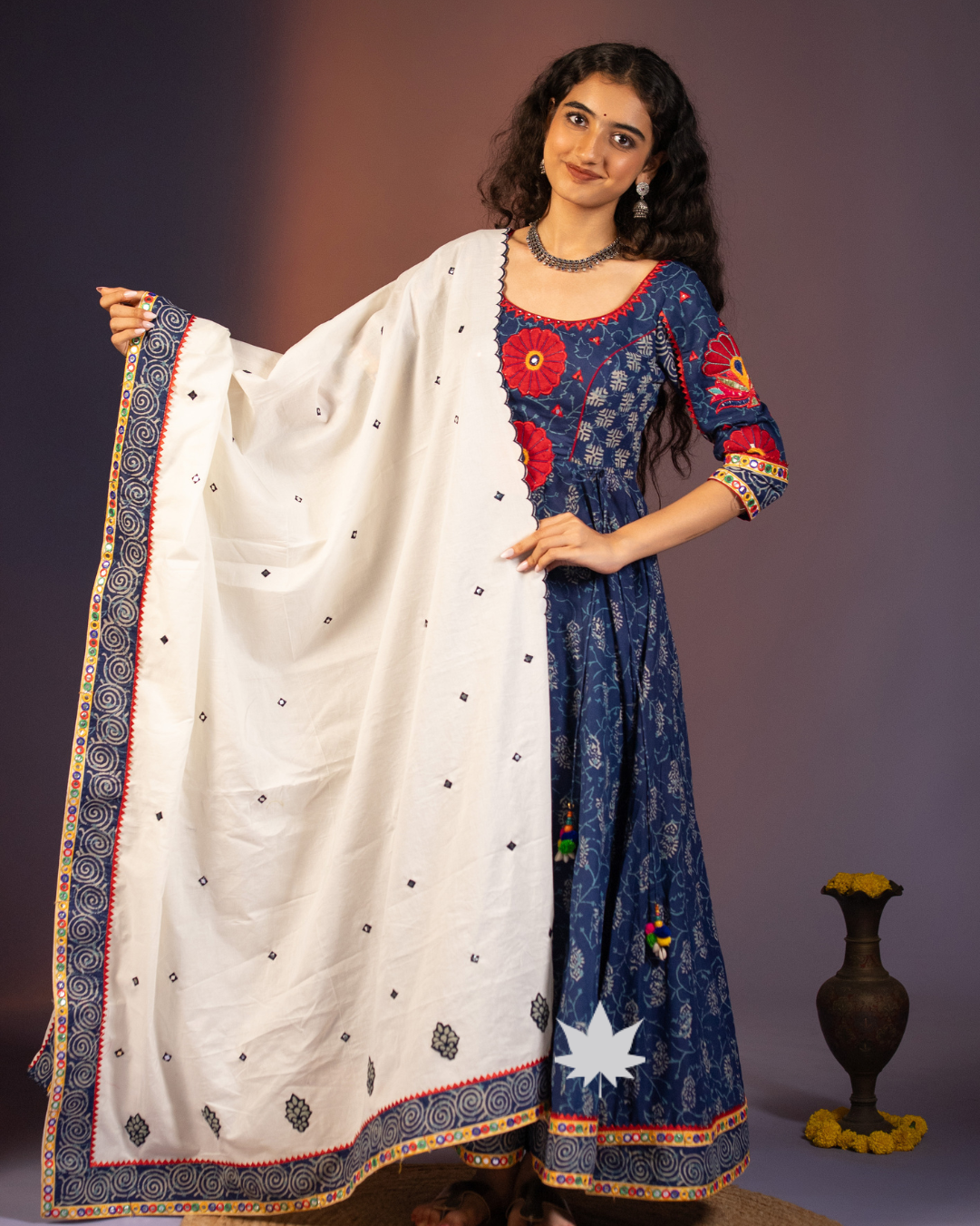Navy Blue Floral Motif Anarkali Suit with Ivory Dupatta