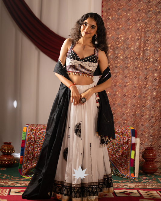 Ivory and Black Cotton Chaniya Choli Set