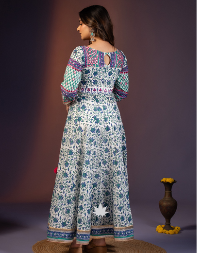 Mint & Indigo Ivory Floral Block-Print Anarkali Dress