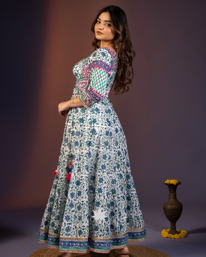 Mint & Indigo Ivory Floral Block-Print Anarkali Dress