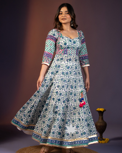 Mint & Indigo Ivory Floral Block-Print Anarkali Dress