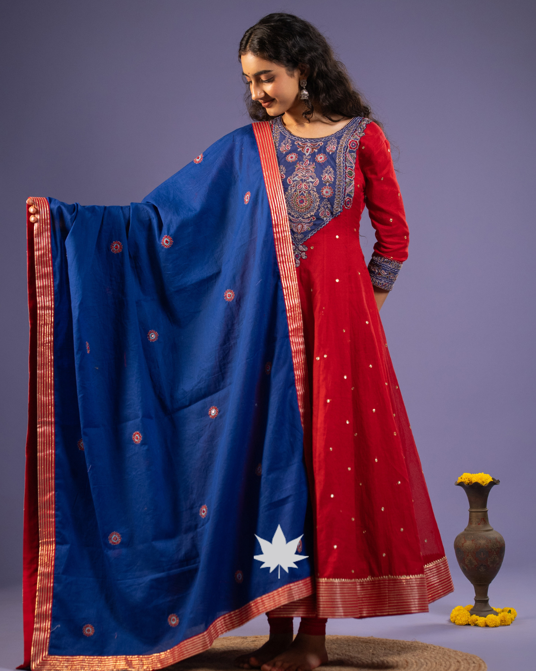 Red Embroidered Anarkali Set with Indigo Blue Dupatta