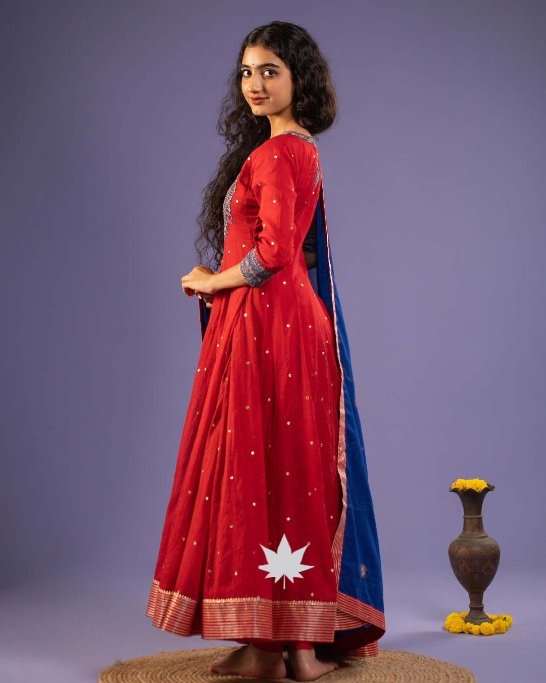 Red Embroidered Anarkali Set with Indigo Blue Dupatta
