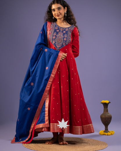 Red Embroidered Anarkali Set with Indigo Blue Dupatta