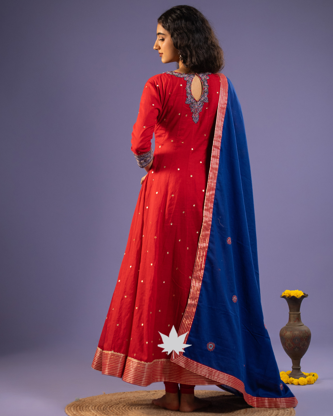 Red Embroidered Anarkali Set with Indigo Blue Dupatta