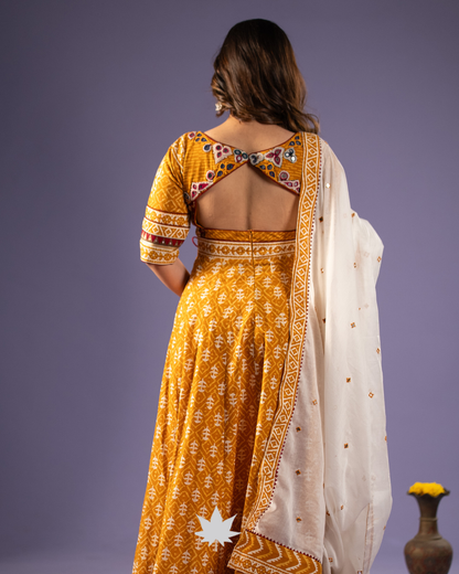 Mustard Elegance Traditional Printed Anarkali Set with Ivory Dupatta