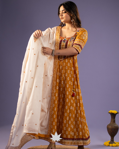 Mustard Elegance Traditional Printed Anarkali Set with Ivory Dupatta