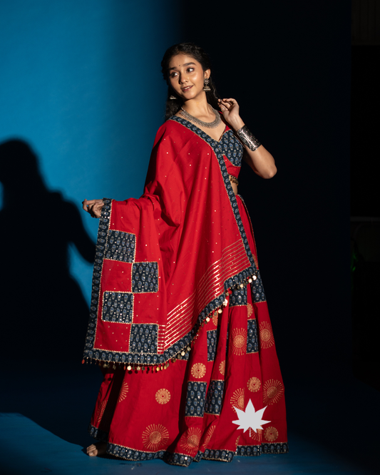 Laal Ajrakh Rang Cotton Chaniya Choli with Blouse & Dupatta