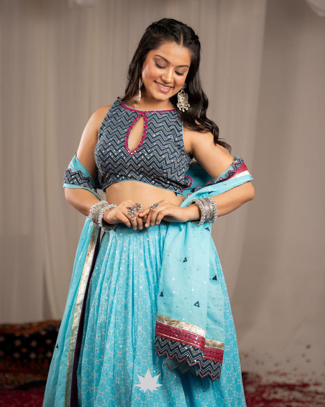 akash Raas | Premium Sky Blue & Navy Chevron Navratri Chaniya Choli