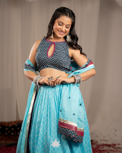 akash Raas | Premium Sky Blue & Navy Chevron Navratri Chaniya Choli