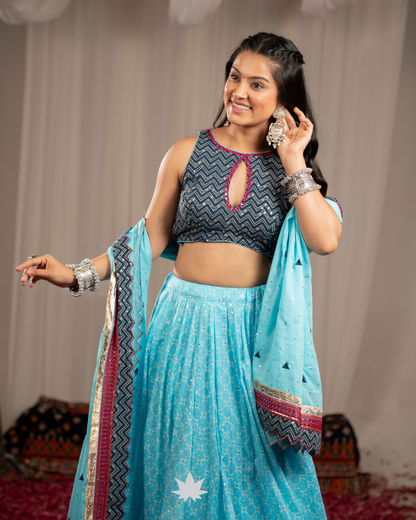 akash Raas | Premium Sky Blue & Navy Chevron Navratri Chaniya Choli