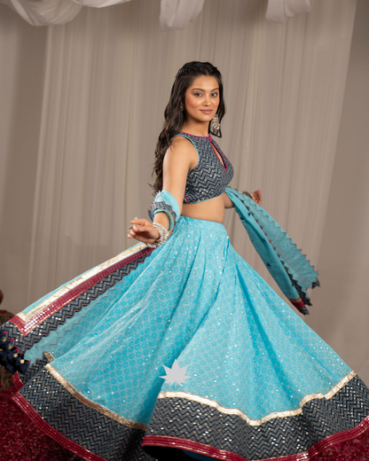 akash Raas | Premium Sky Blue & Navy Chevron Navratri Chaniya Choli
