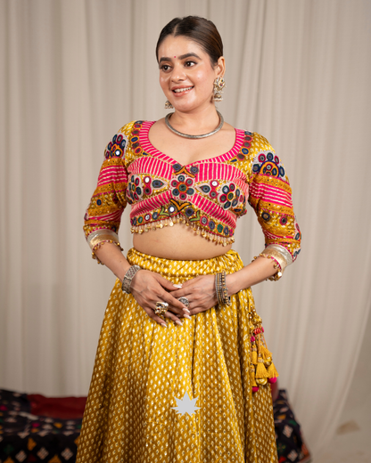 Mustard Yellow & Pink Gajji Silk Chaniya Choli